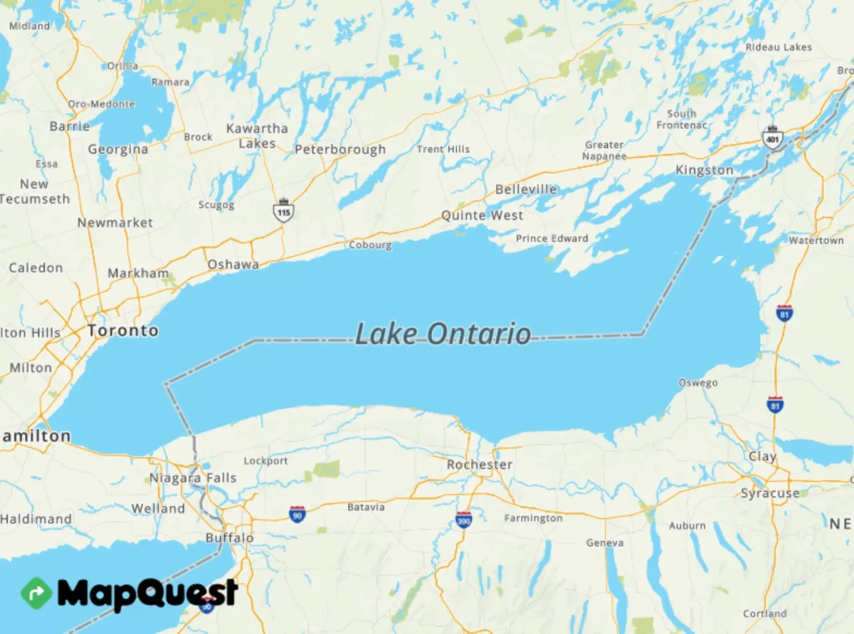 Скриншот приложения MapQuest с озером Онтарио