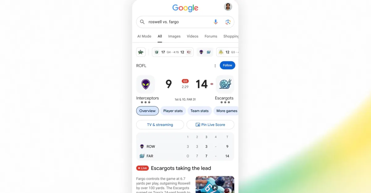 Скриншот Live Game Feed в поиске Google на мобильном устройстве