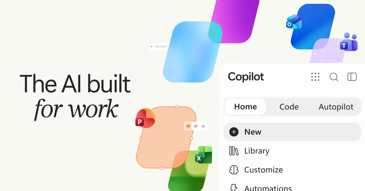 Интерфейс нового приложения Microsoft Copilot с вкладками Home, Code и Autopilot