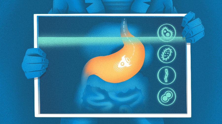 Логотип и продукт Tiny Health — набор для домашнего теста микробиома кишечника