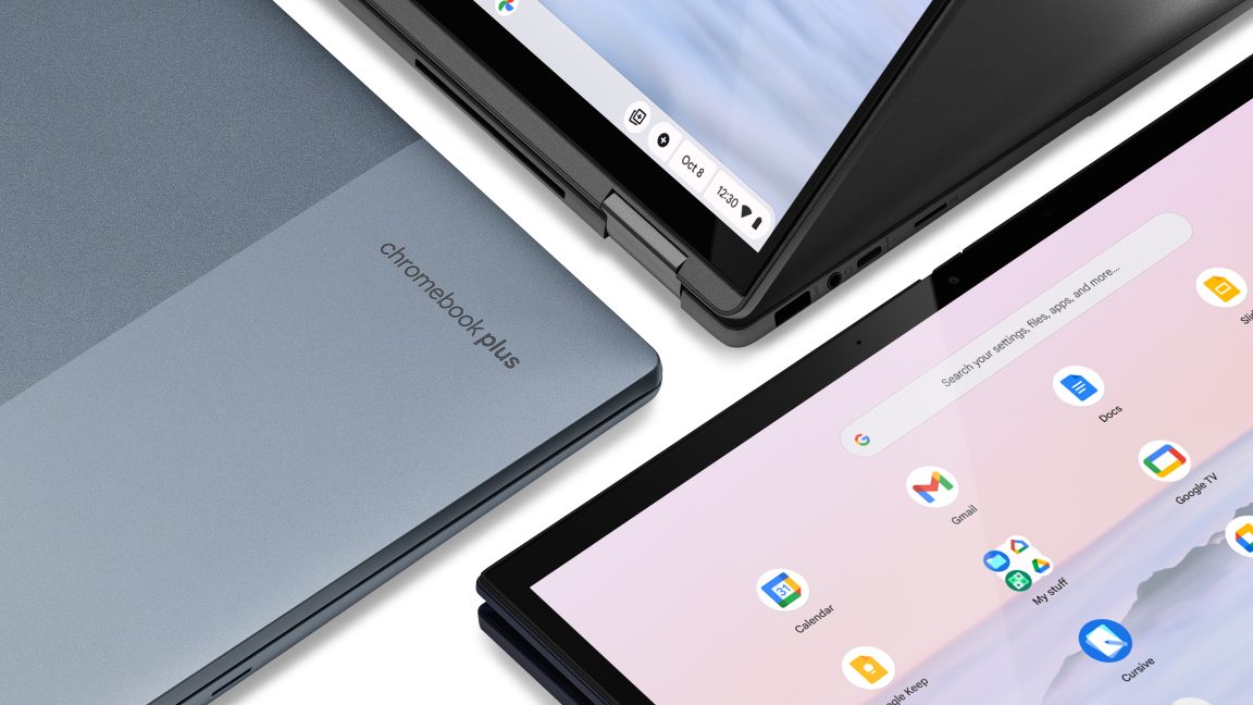 Ноутбук Googlebook на фоне логотипа Google