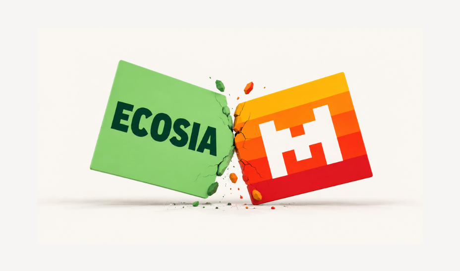 Основатель Ecosia Кристиан Кролл и логотипы Ecosia и Mistral на фоне европейской инфраструктуры