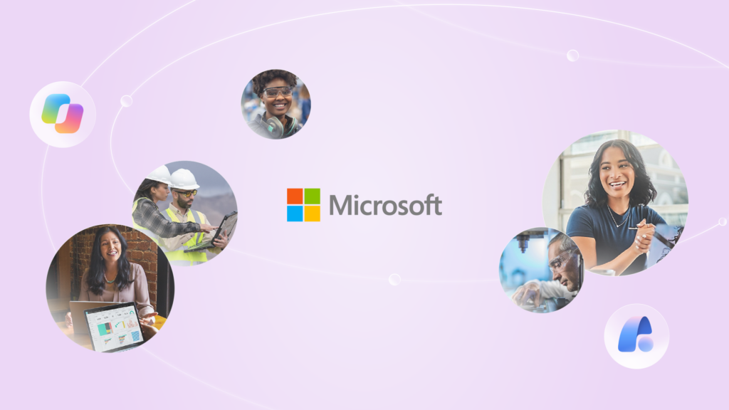 Логотип Microsoft на фоне абстрактной схемы облачных сервисов и ИИ-агентов